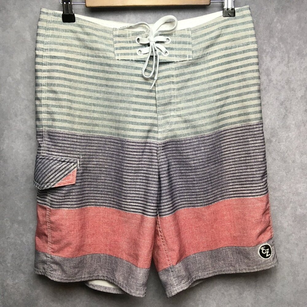 Ezekiel Mens‎ Board Shorts size 30 Gray Purple Striped Polyester Spandex Stretch